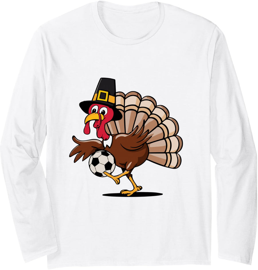 Funny Thanksgiving Turkey Playing Soccer Men Boys Kids Long Sleeve T-Shirt - Adult Unisex White