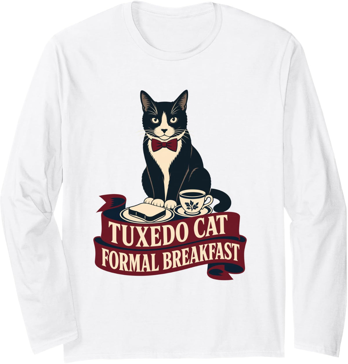 Tuxedo Cat Formal Breakfast Bow Tie Toast Long Sleeve T-Shirt - Adult Unisex White
