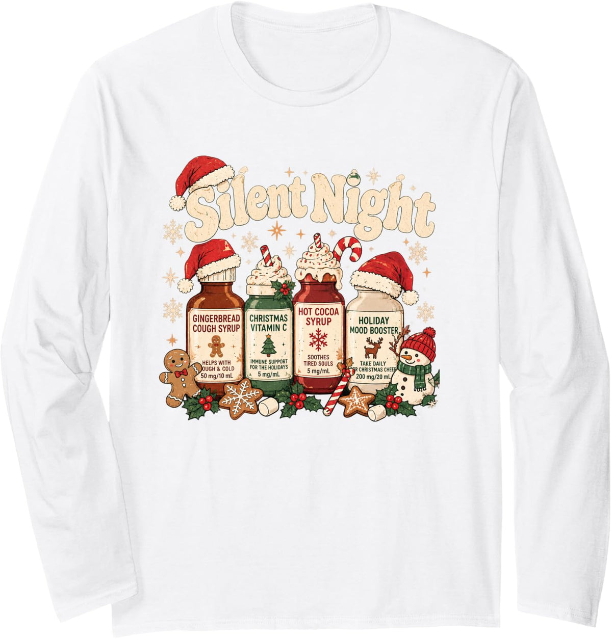 Funny Christmas Nurse Medical Silent Night ICU NICU Nurse Long Sleeve T-Shirt - Adult Unisex White