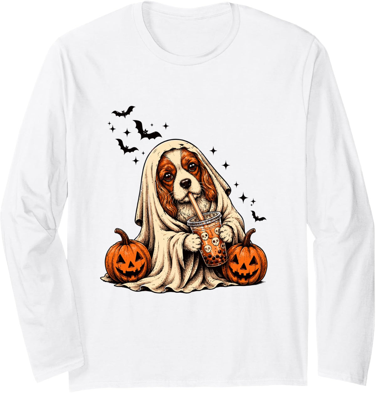 Cavalier King Charles Spaniel Ghost and Boba Tea Halloween Long Sleeve T-Shirt - Adult Unisex White