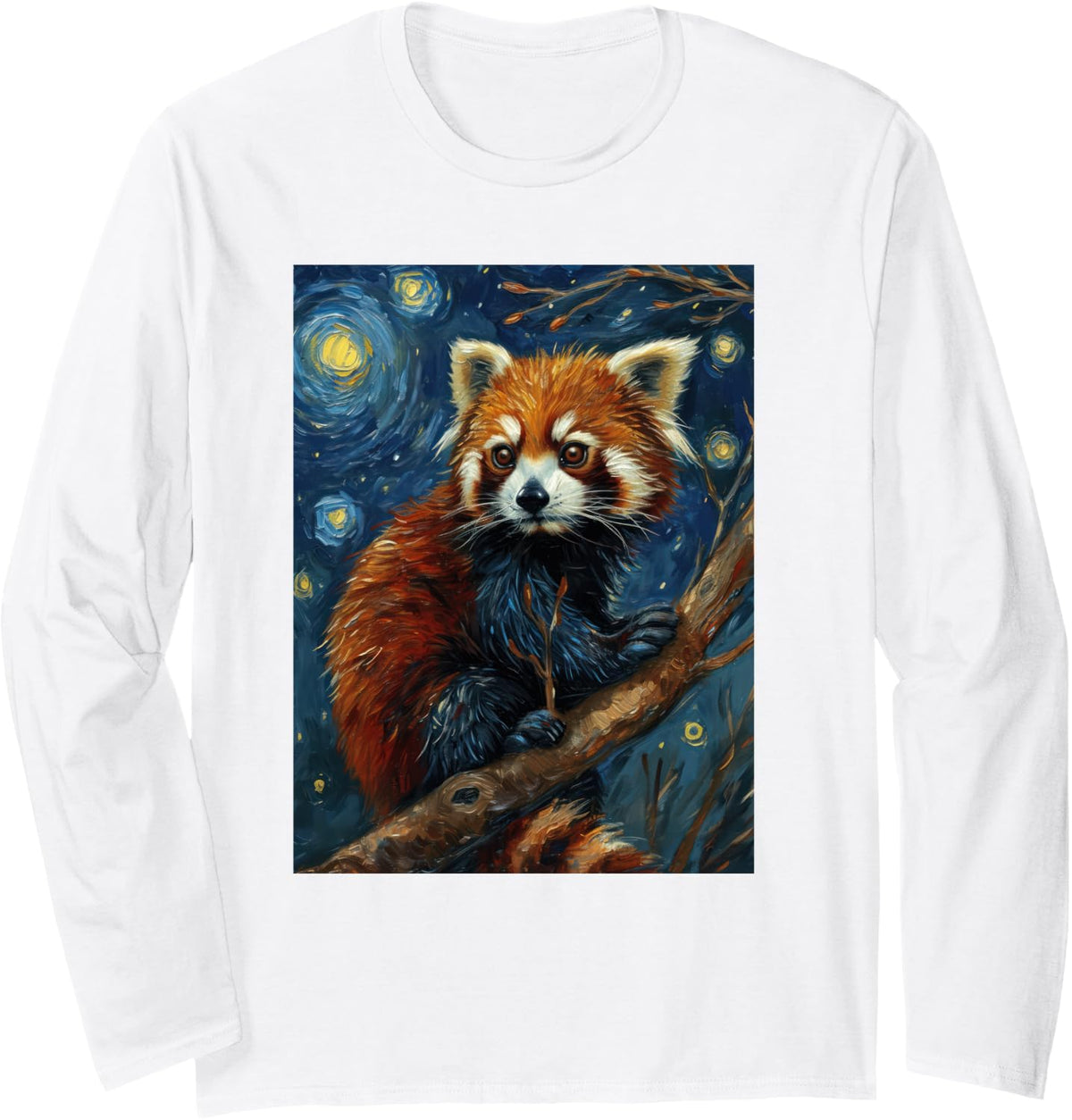 Red Panda Starry Night Van Gogh Style Graphic Long Sleeve T-Shirt - Adult Unisex White