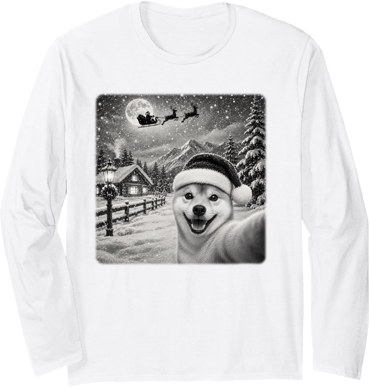 Xmas Moon Night Starry Santa Sleigh Shiba Inu Dog Christmas Long Sleeve T-Shirt - Adult Unisex White