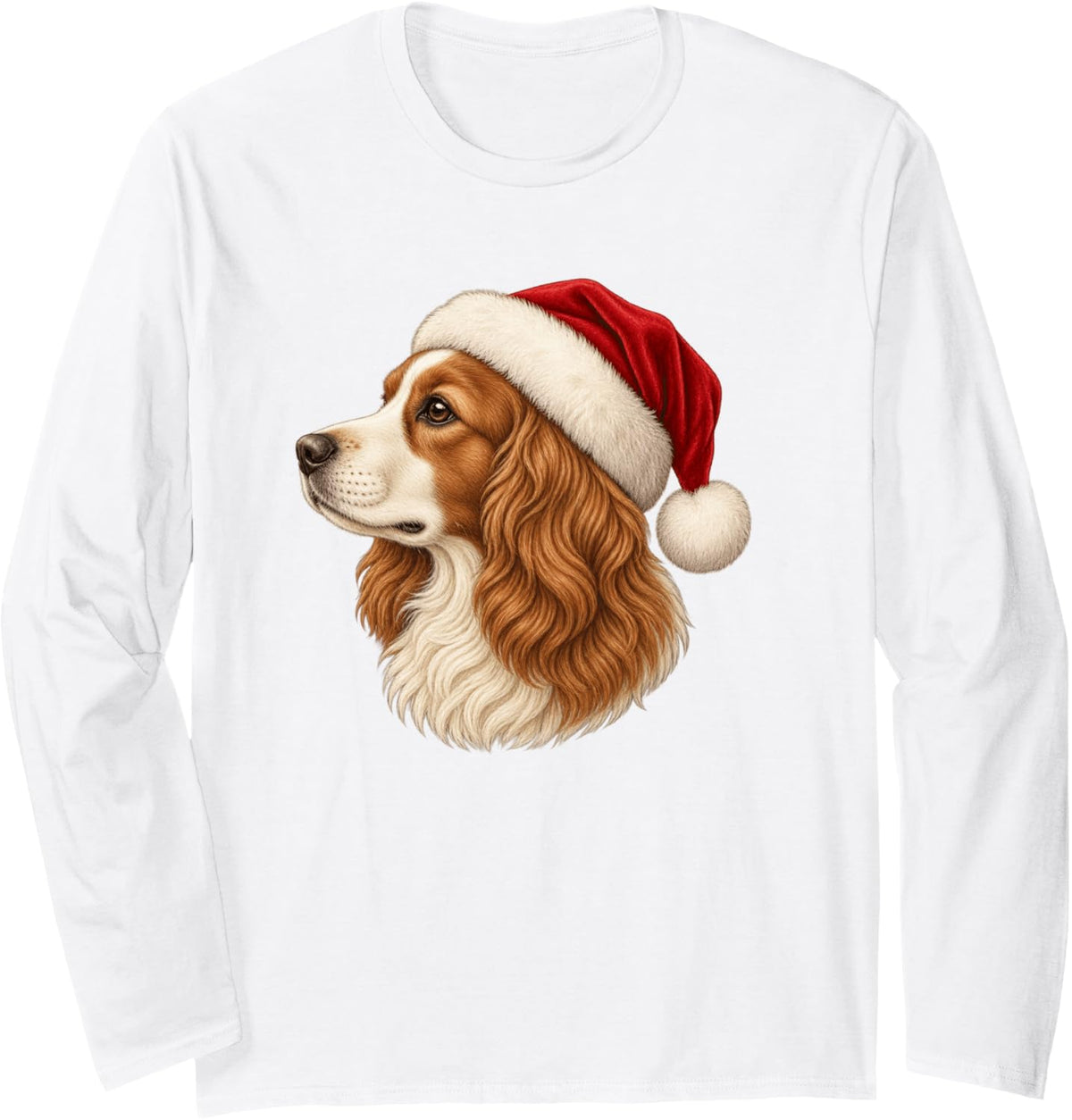 Christmas Cavalier King Charles Spaniel Santa Hat Long Sleeve T-Shirt - Adult Unisex White