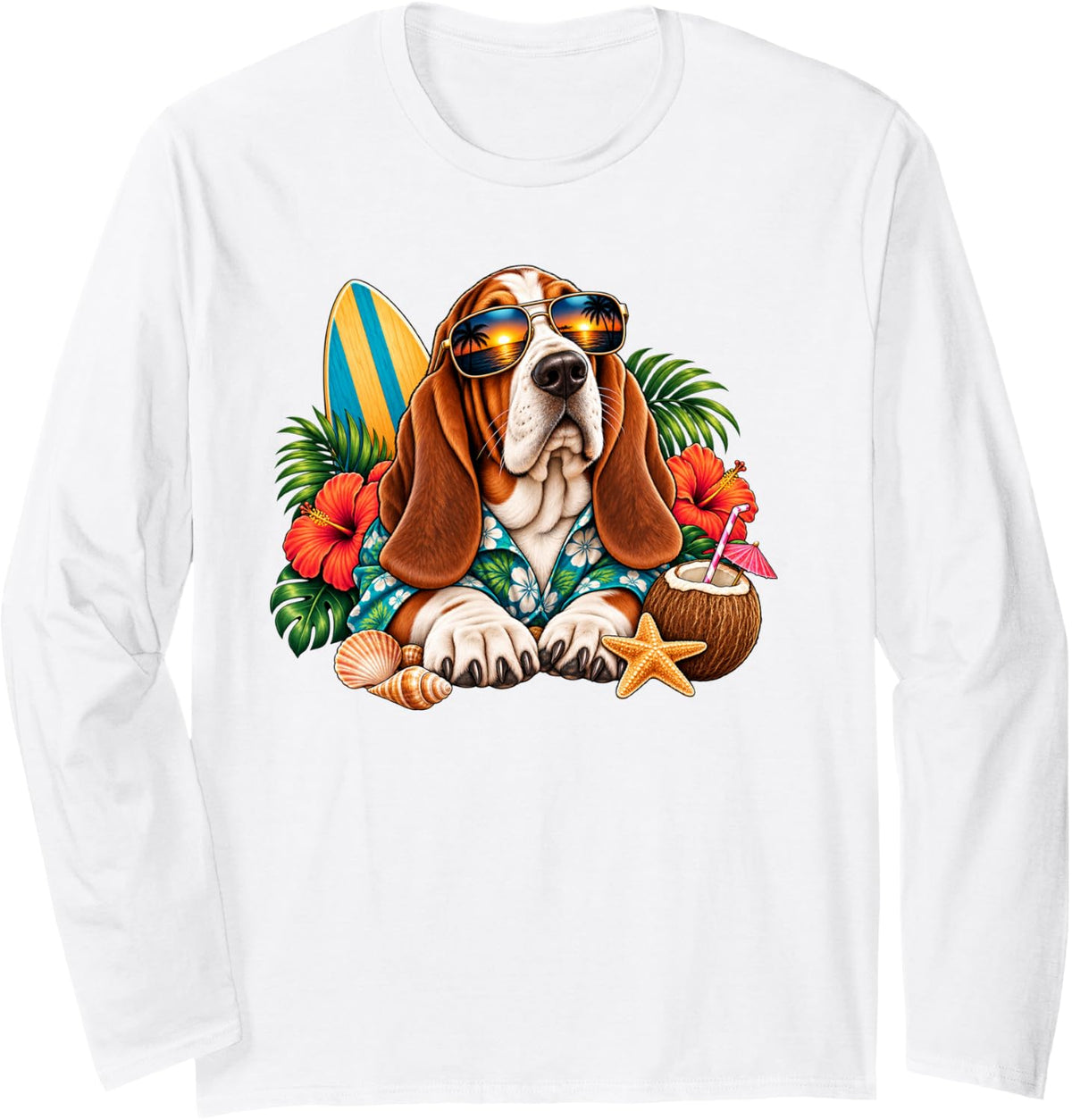 Tropical Basset Hound Beach Vacation Surf Dog Illustration Long Sleeve T-Shirt - Adult Unisex White