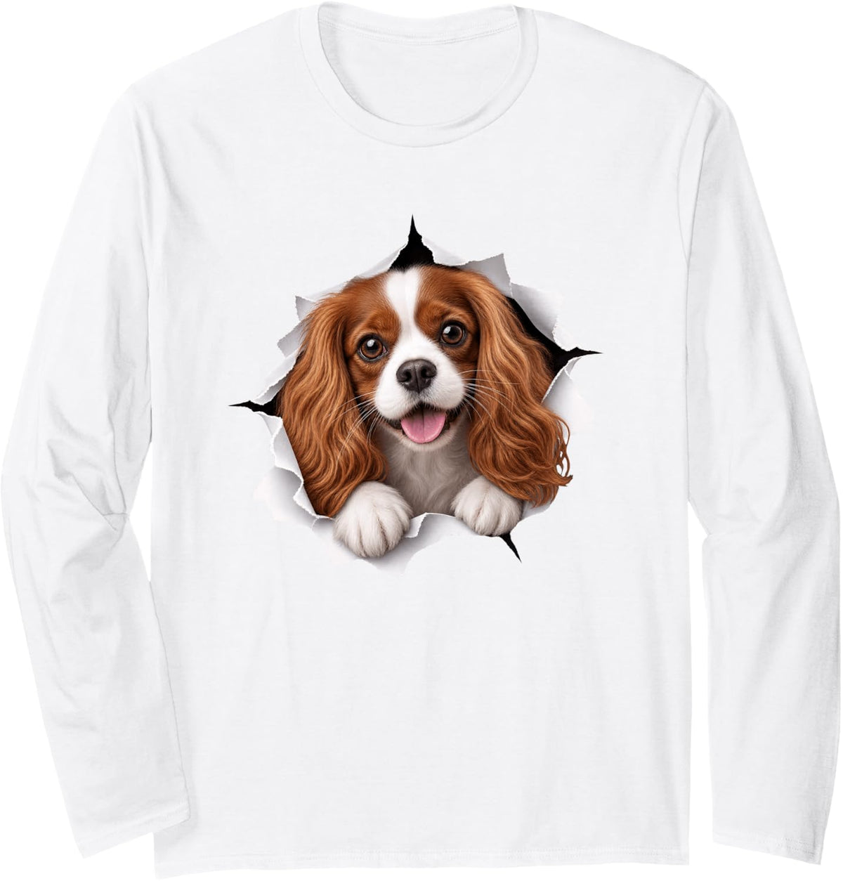 Funny Cavalier King Charles Spaniel Peeking Cute Dog Lover Long Sleeve T-Shirt - Adult Unisex White