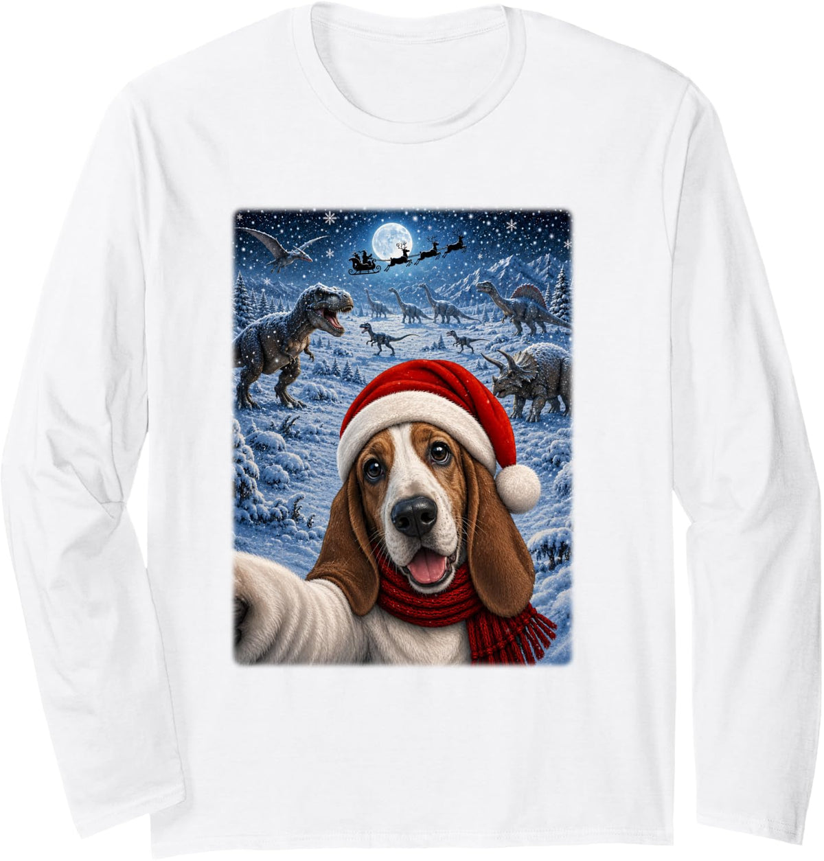 Basset Hound Dog Christmas Moon Night Starry Dinosaurs Xmas Long Sleeve T-Shirt - Adult Unisex White