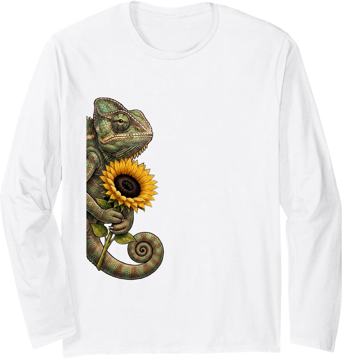 Chameleon Sunflower Peeking from Side Wildlife Animal Long Sleeve T-Shirt - Adult Unisex White