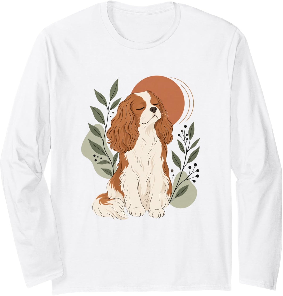 Cavalier King Charles Spaniel Boho Botanical Dog Portrait Long Sleeve T-Shirt - Adult Unisex White