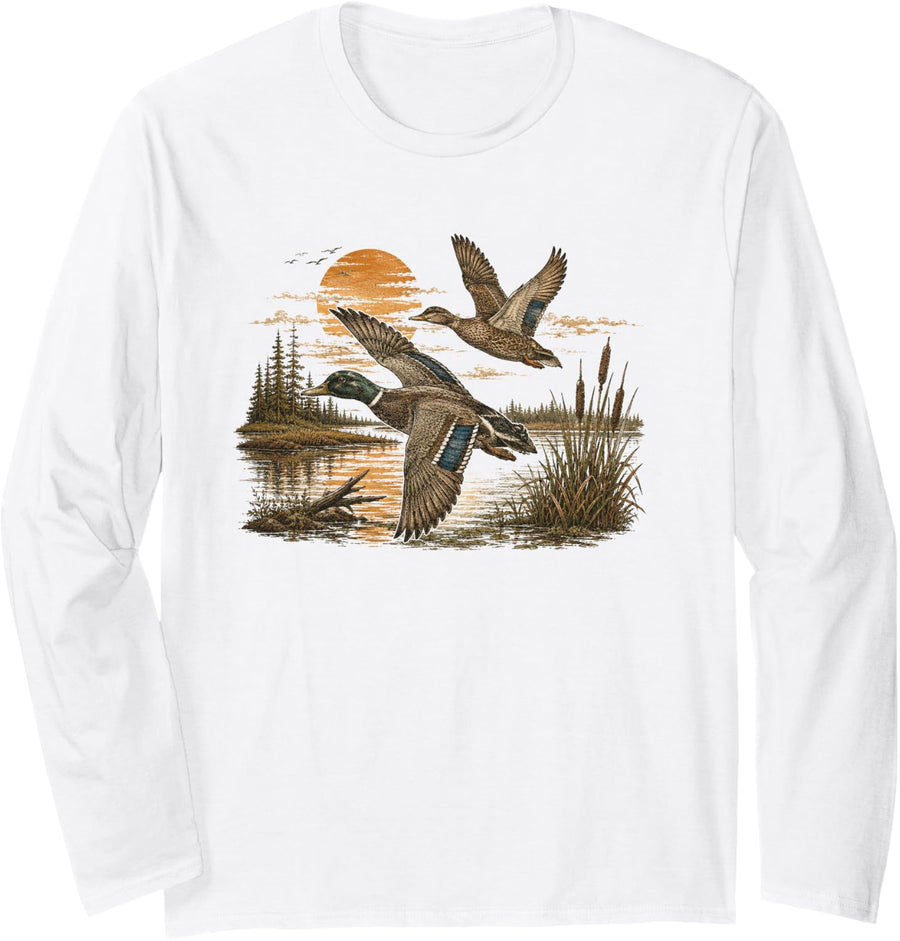Mallard Duck Hunting Season Hunter Outdoor Vintage Wildlife Long Sleeve T-Shirt - Adult Unisex White