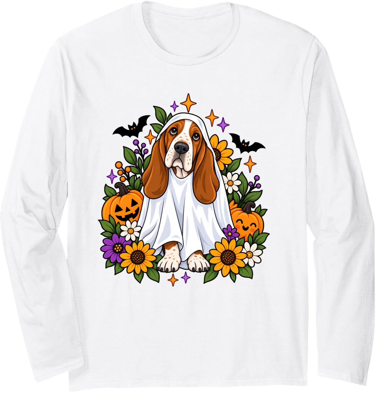 Floral Basset Hound Ghost Halloween Costume for Dog Lovers Long Sleeve T-Shirt - Adult Unisex White