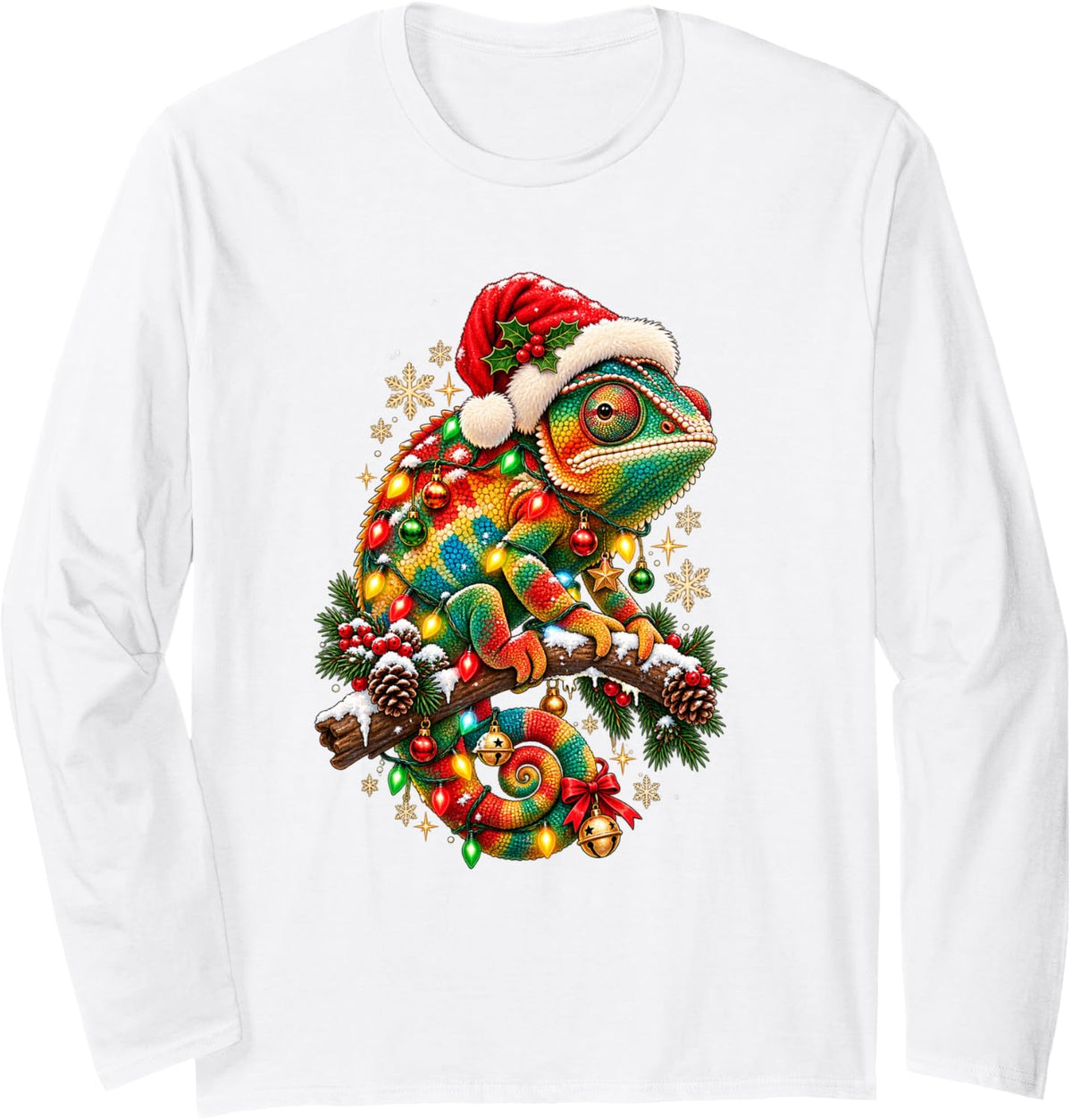 Chameleon Christmas Funny Santa Chameleoin in Xmas Lights Long Sleeve T-Shirt - Adult Unisex White