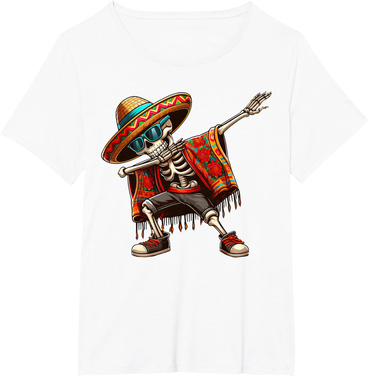 Dabbing Skeleton Sombrero Poncho Cinco De Mayo Mexican Funny Tee T-Shirt - White