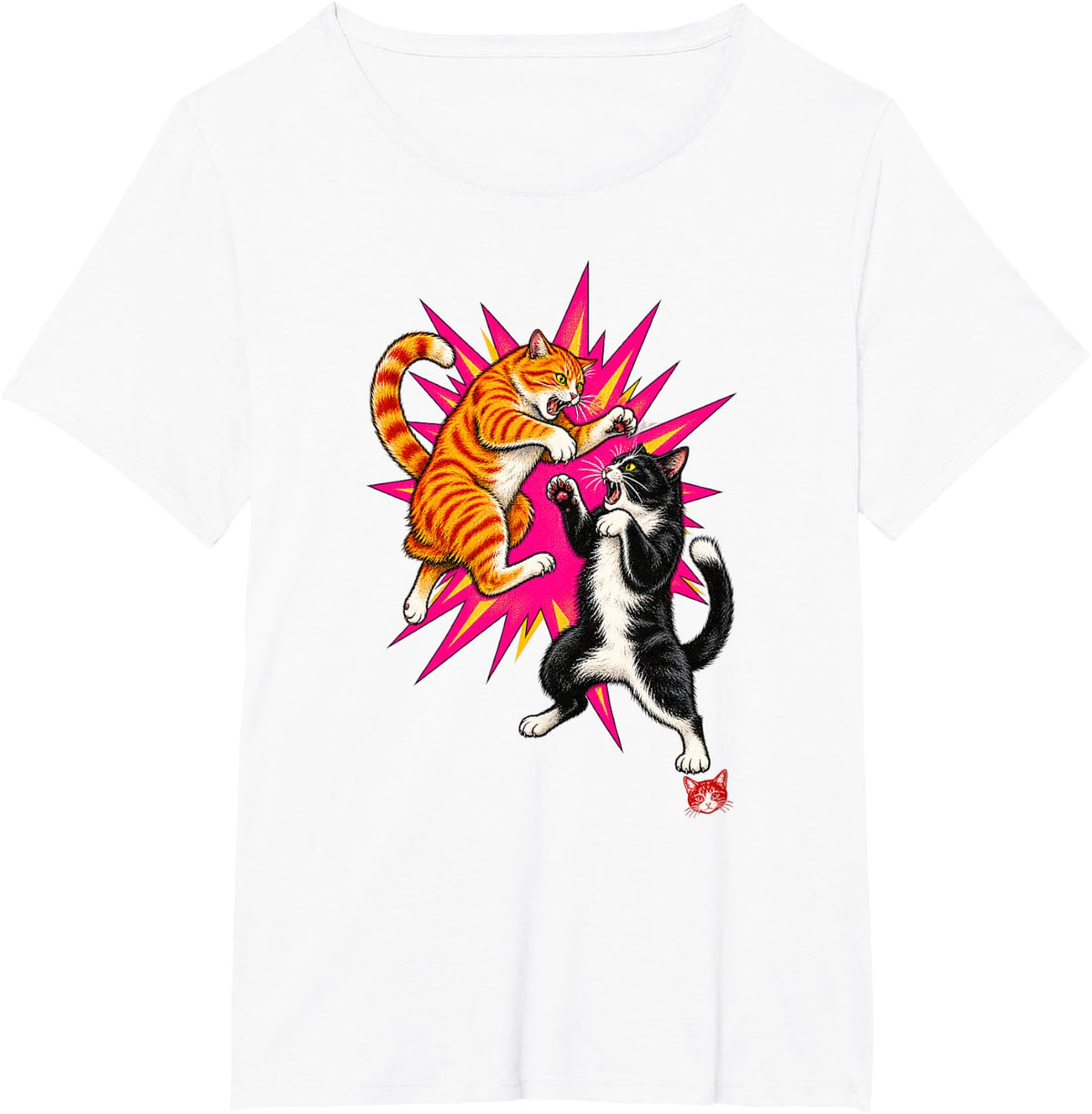 Funny Fighting Cats Action Battle Comic Tabby Tuxedo T-Shirt - White