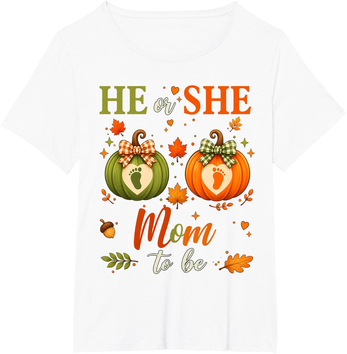 Fall Autumn Pumpkin Gender Reveal He or She Mom to Be T-Shirt - White