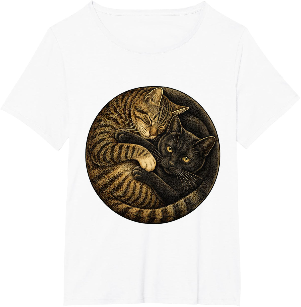 Yin Yang Cats Tabby Black Cat Balance Circular Graphic T-Shirt - White