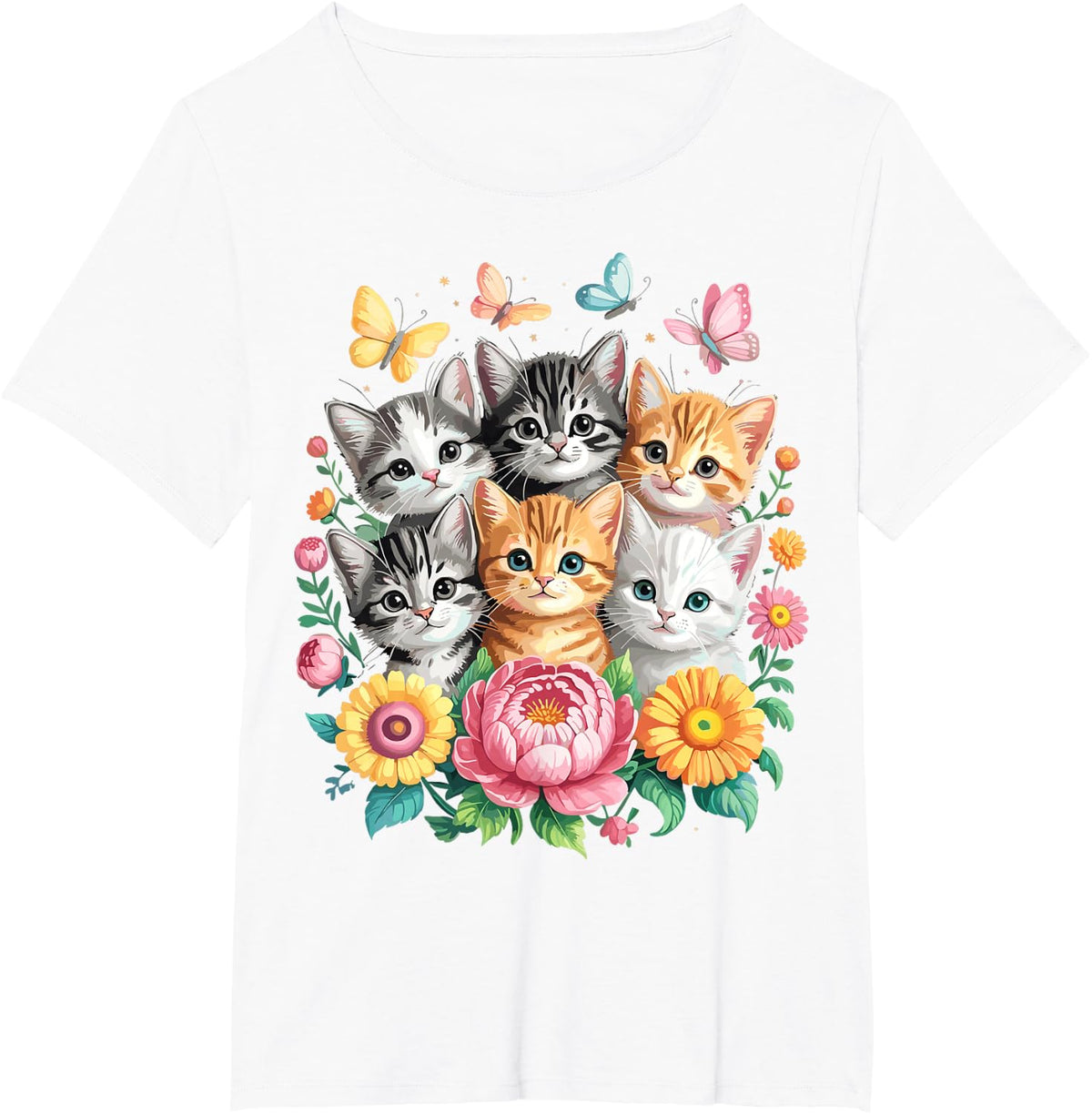 Colorful Kittens Floral Cat T-Shirt - White