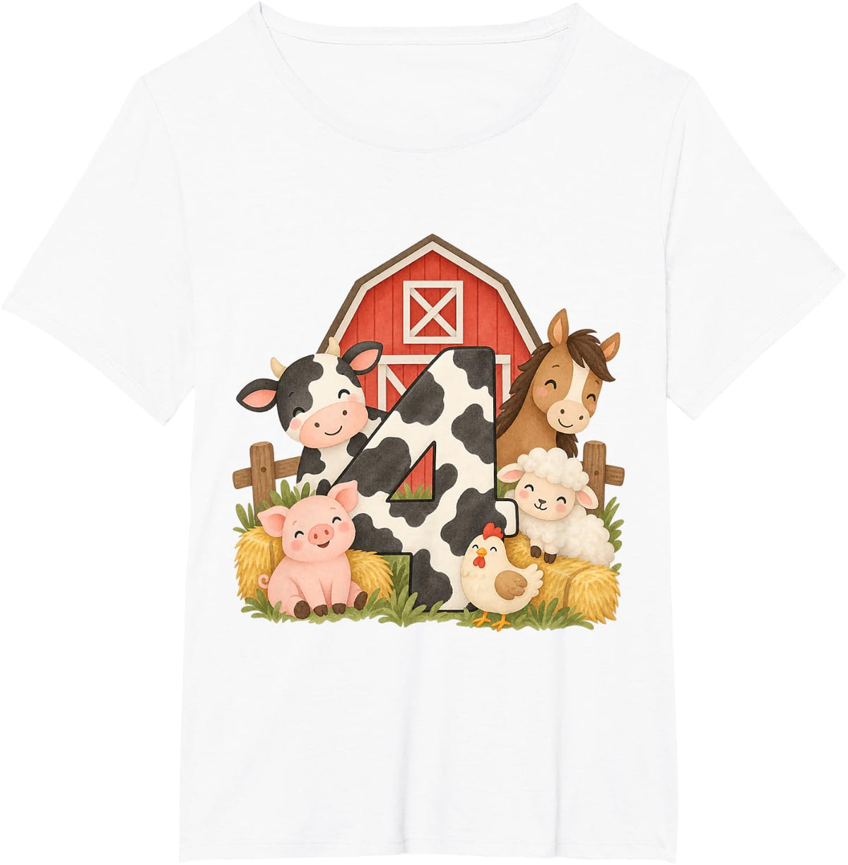 Farm Barnyard Theme Pig Cow Horse 4th Birthday 4 Yrs Old T-Shirt - White
