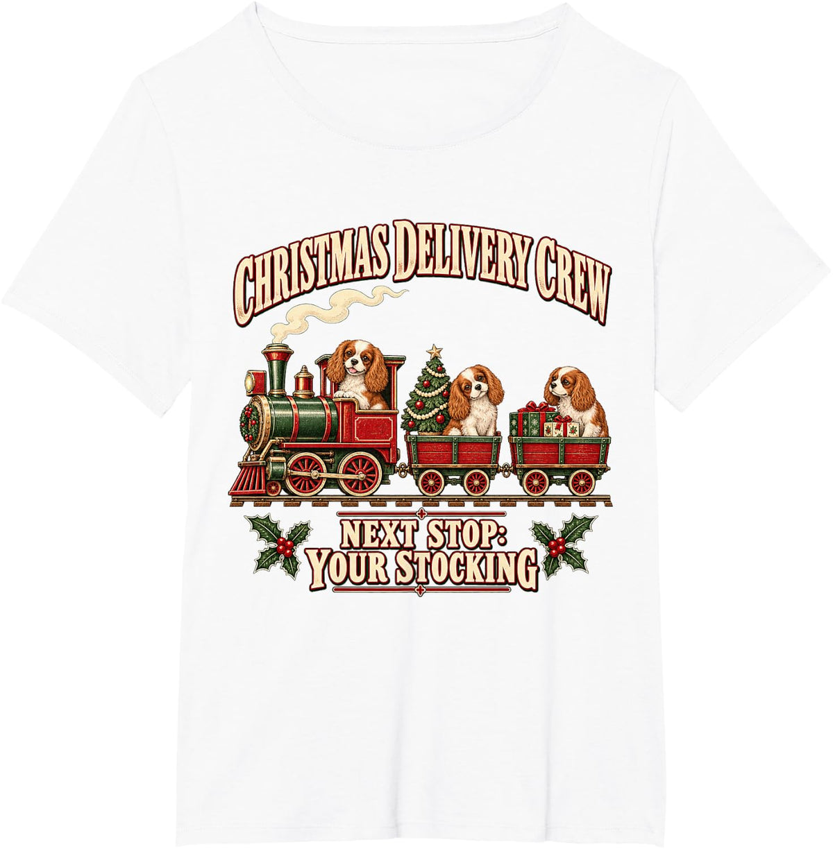 Cavalier King Charles Spaniel Dog Funny Xmas Train Crew T-Shirt - White