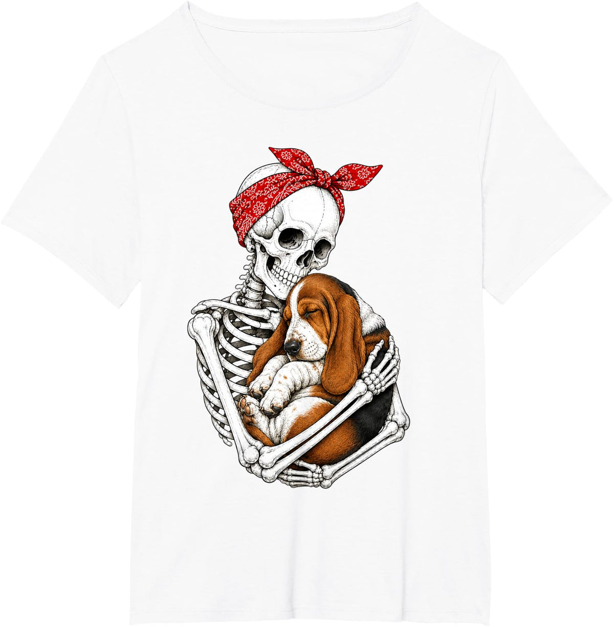 Skeleton Holding Basset Hound Dog Funny Lazy Halloween T-Shirt - White