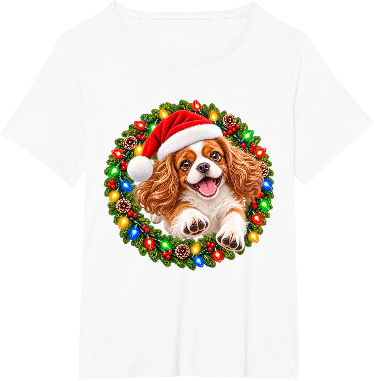 Cavalier King Charles Spaniel Christmas Jumping Dog Wreath T-Shirt - White