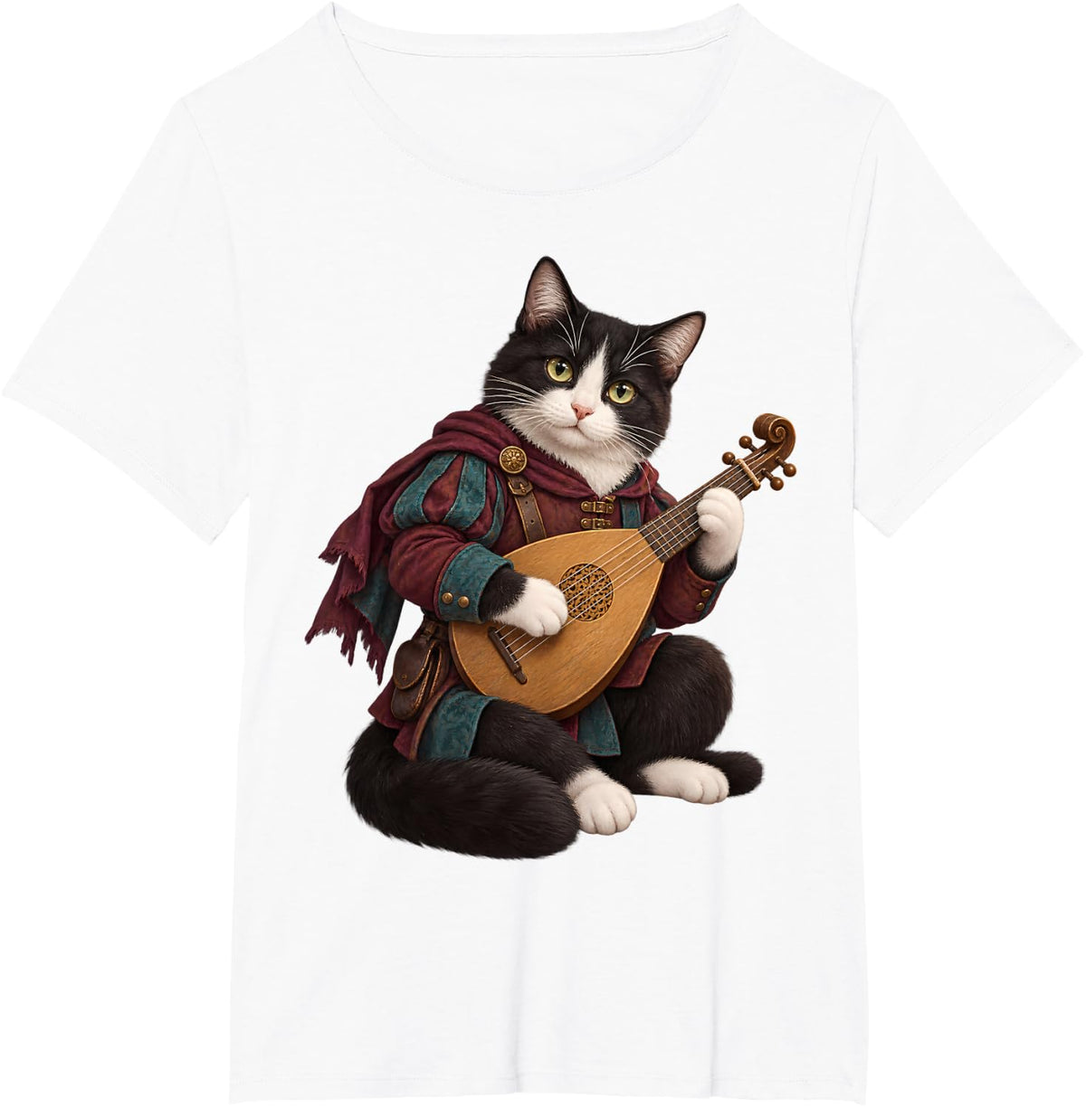 Bard Cat Playing Lute Medieval Fantasy RPG Art T-Shirt - White