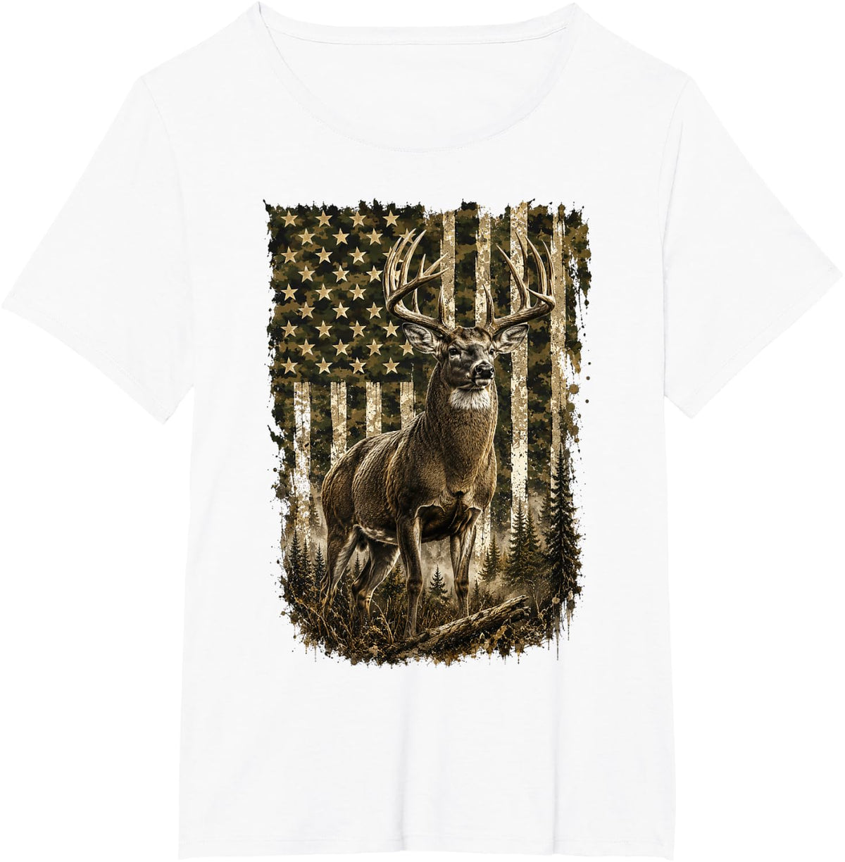Whitetail Deer Buck Camo American Flag Hunting Forest Design T-Shirt - White