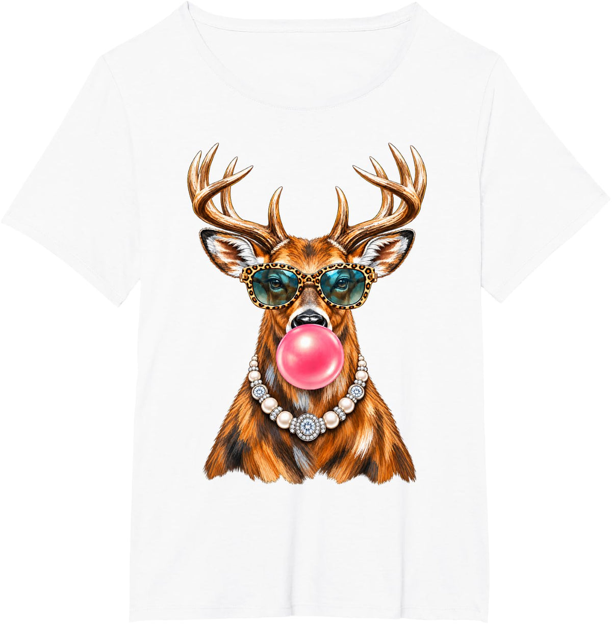 Funny Deer Wearing Glasses and Blowing Pink Bubble Gum T-Shirt - White