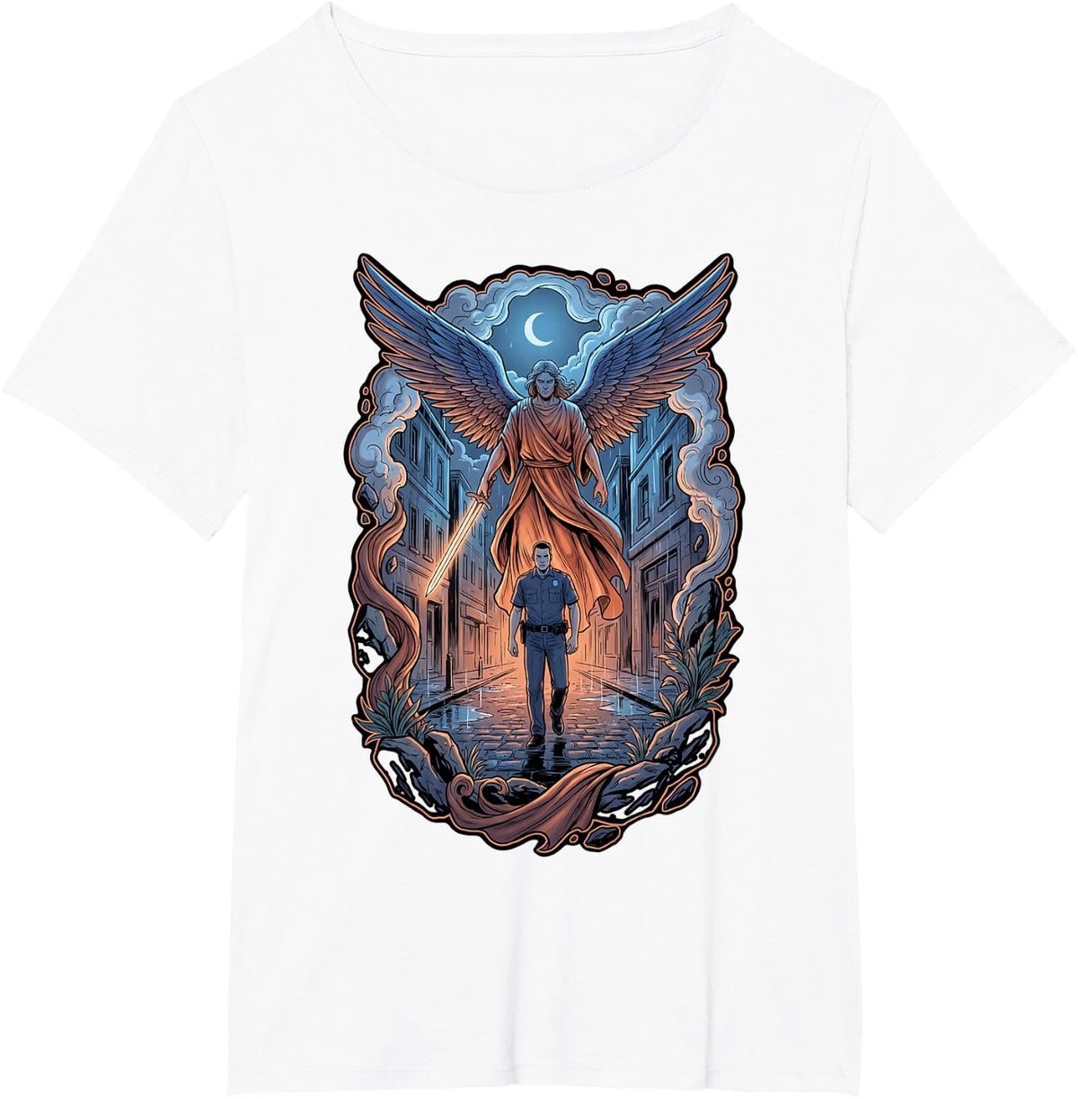 Archangel Guarding Police Officer on Rainy Street Catholic T-Shirt - White