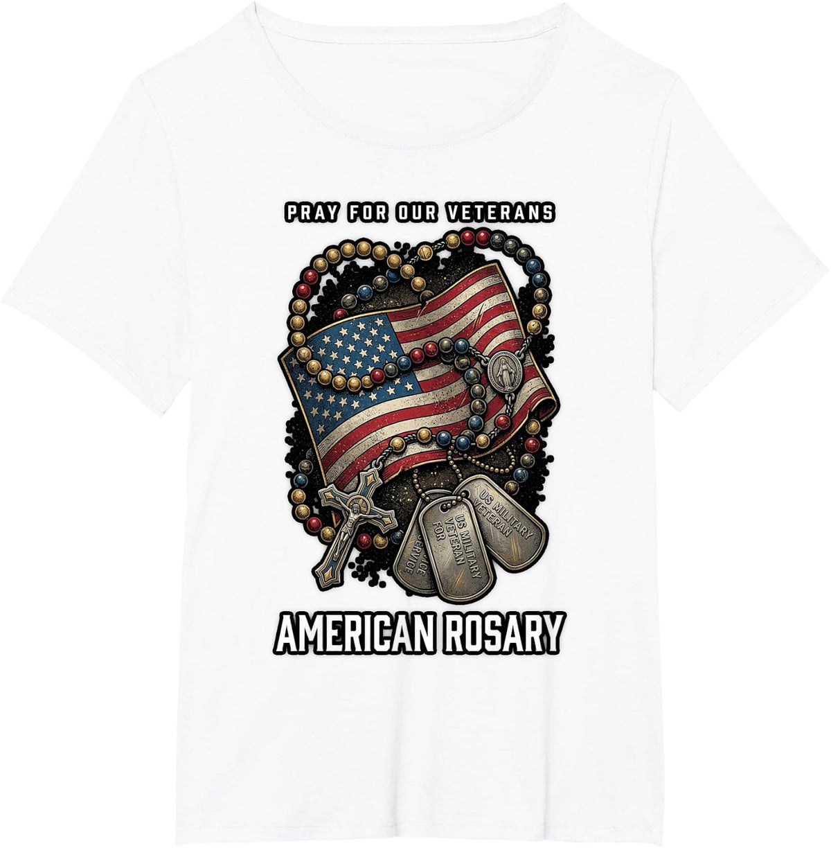 Rosary on Military Helmet Flag Dust Catholic T-Shirt - White