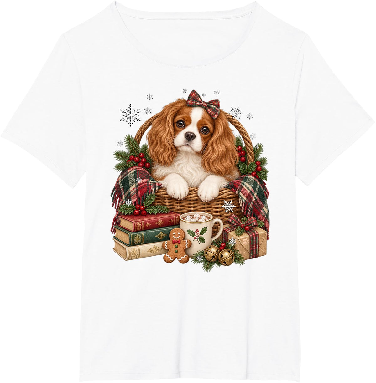 Christmas Cocoa and Books Cavalier King Charles Spaniel Dog T-Shirt - White