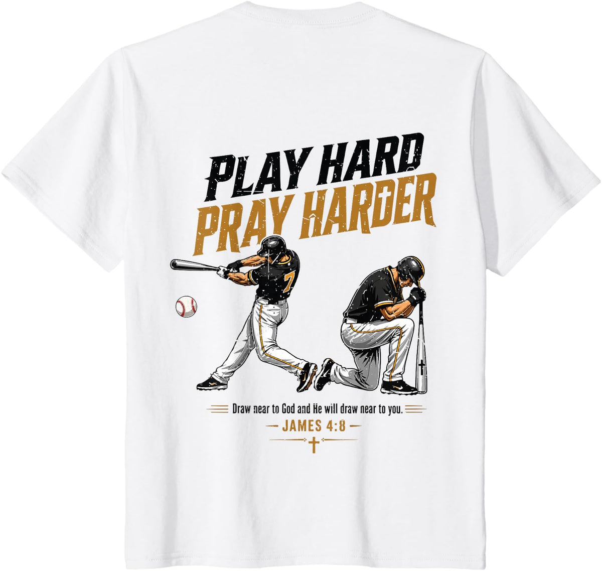 Christian Baseball Faith Play Hard Pray Harder Bible Verse T-Shirt - White