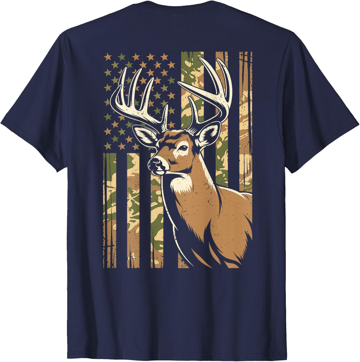 Youth Camo Deer Hunting Boy Men American Flag Whitetail Buck T-Shirt - Navy Blue