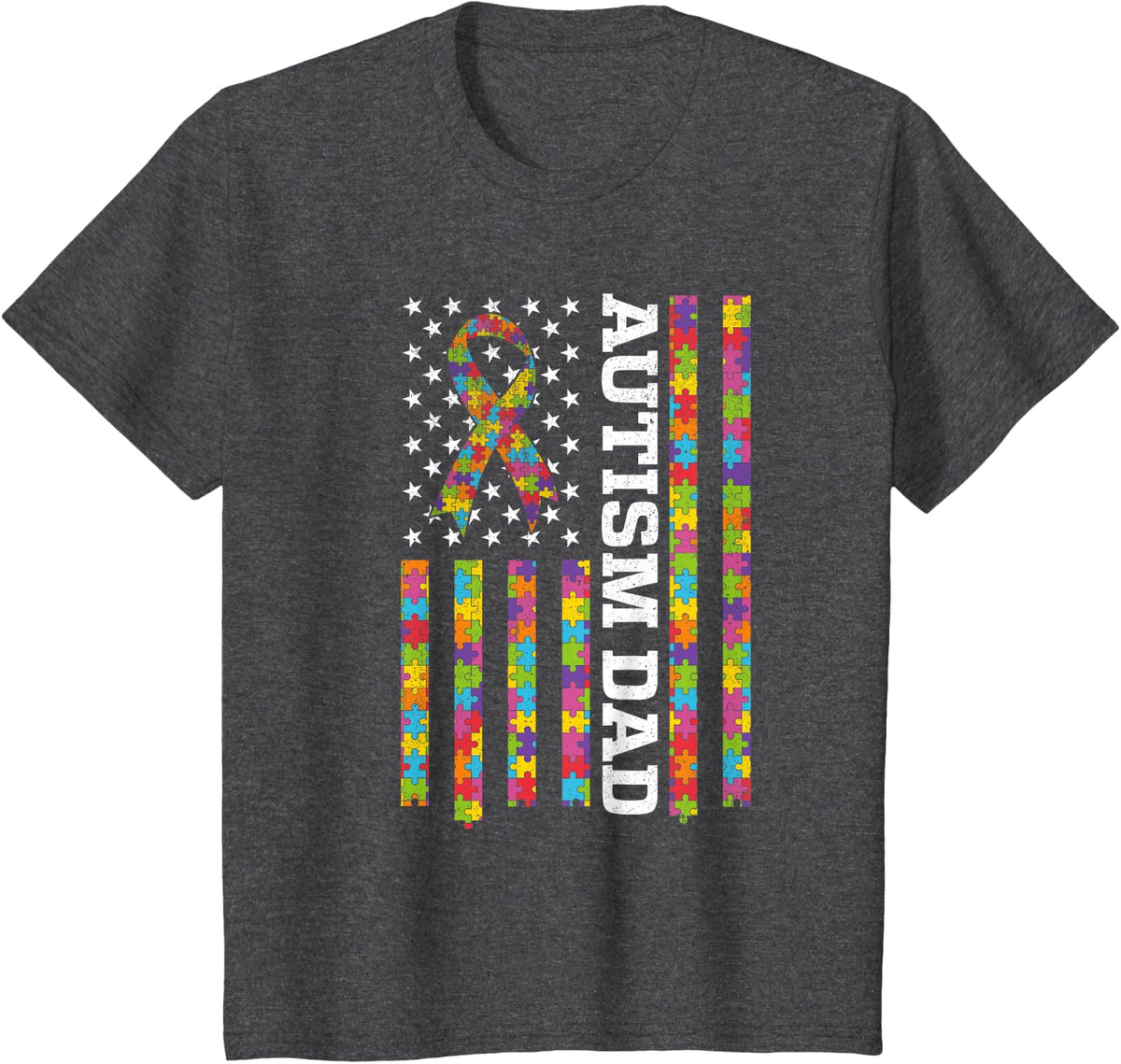 Autism Dad America Flag Autism Awareness Support Dad T-Shirt - Dark Heather Grey