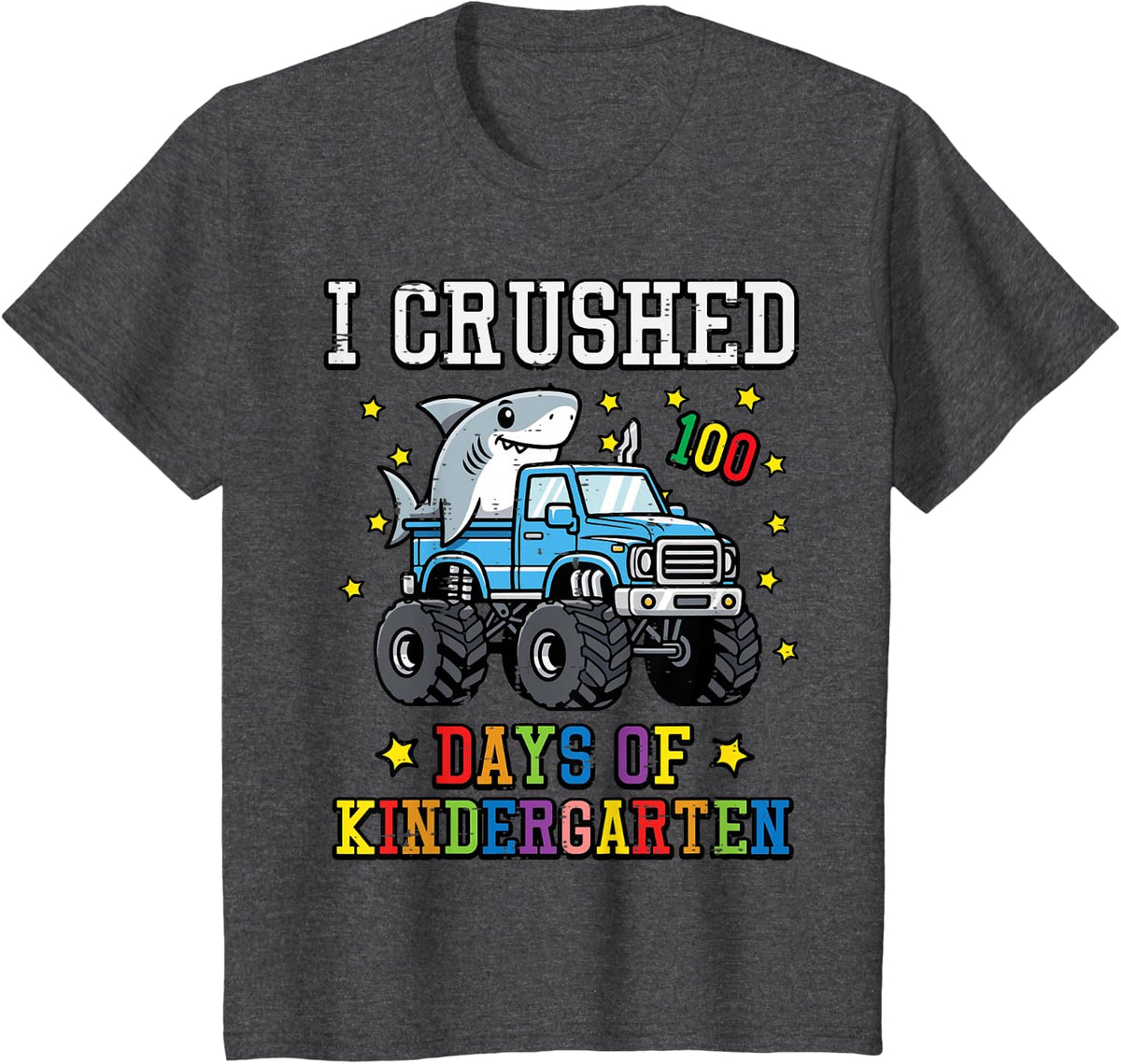 I Crushed 100 Days Kindergarten Shark 100th Day Boys Kids T-Shirt - Dark Heather Grey