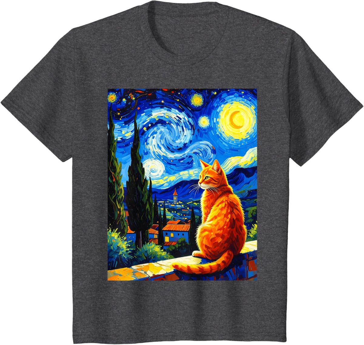 Van Gogh Starry Night Cat,Cat Mom, Cat Dad T-Shirt - Dark Heather Grey