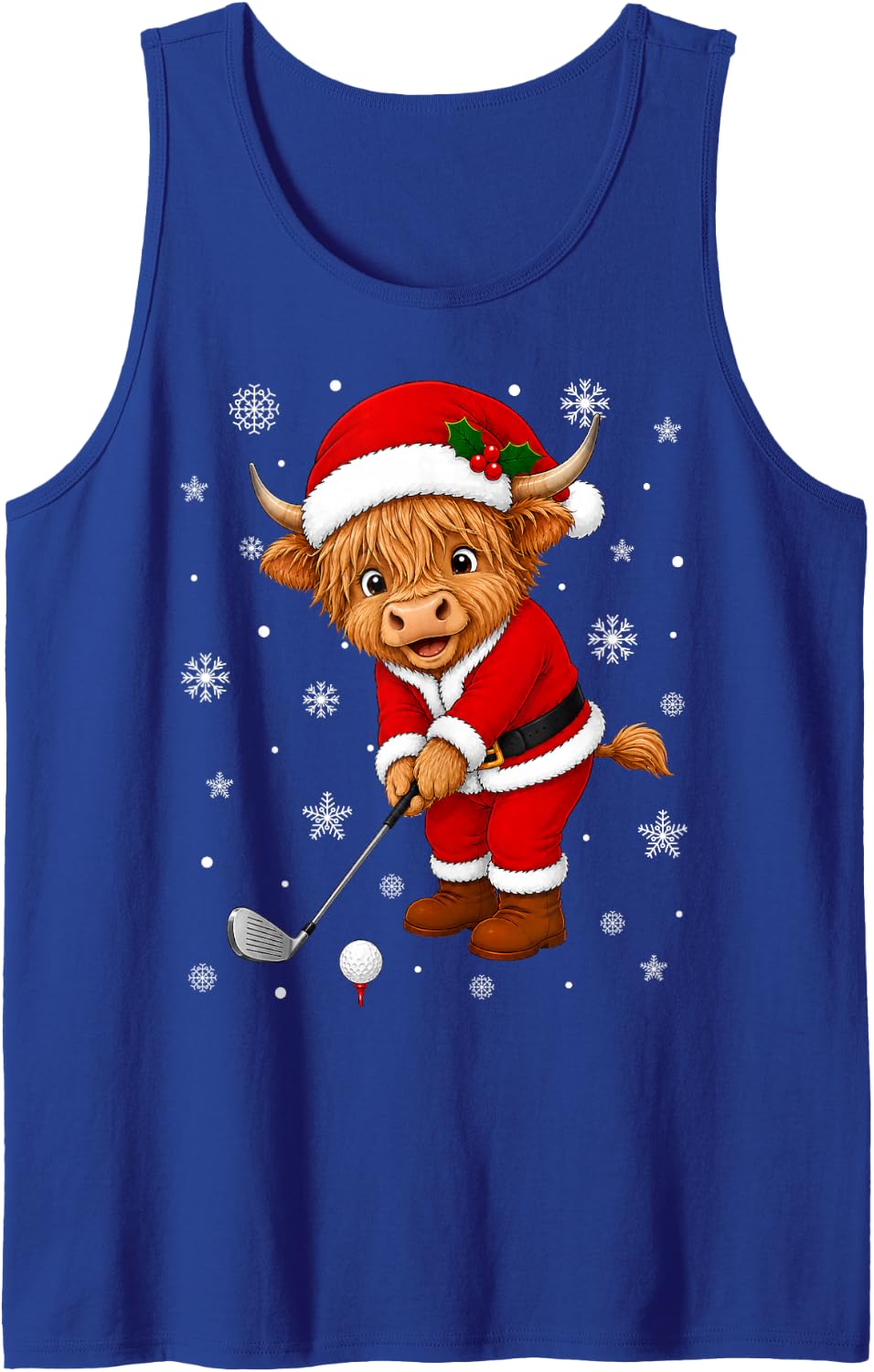Highland Cow Playing Golf Funny Golfing Golfer Christmas Sleeveless Tank Top - Royal Blue