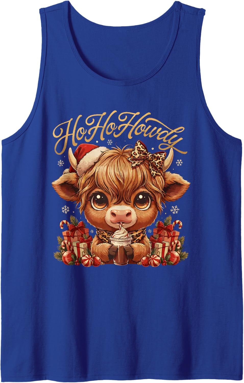 Ho Ho Howdy Highland Cow Christmas Candy Canes Leopard Bow Sleeveless Tank Top - Royal Blue