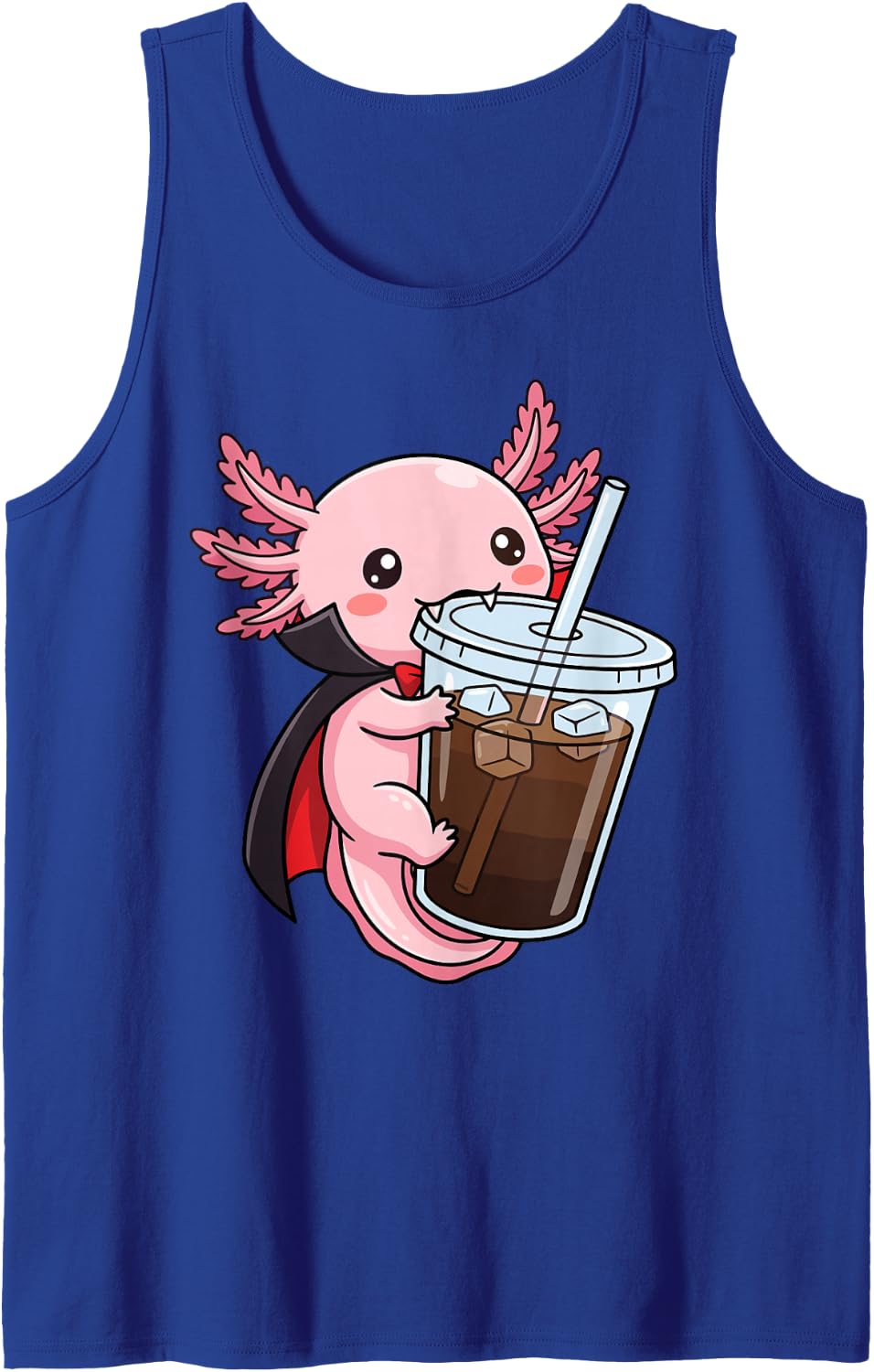 Kawaii Axolotl Vampire Biting Iced Coffee Cup Funny Sleeveless Tank Top - Royal Blue