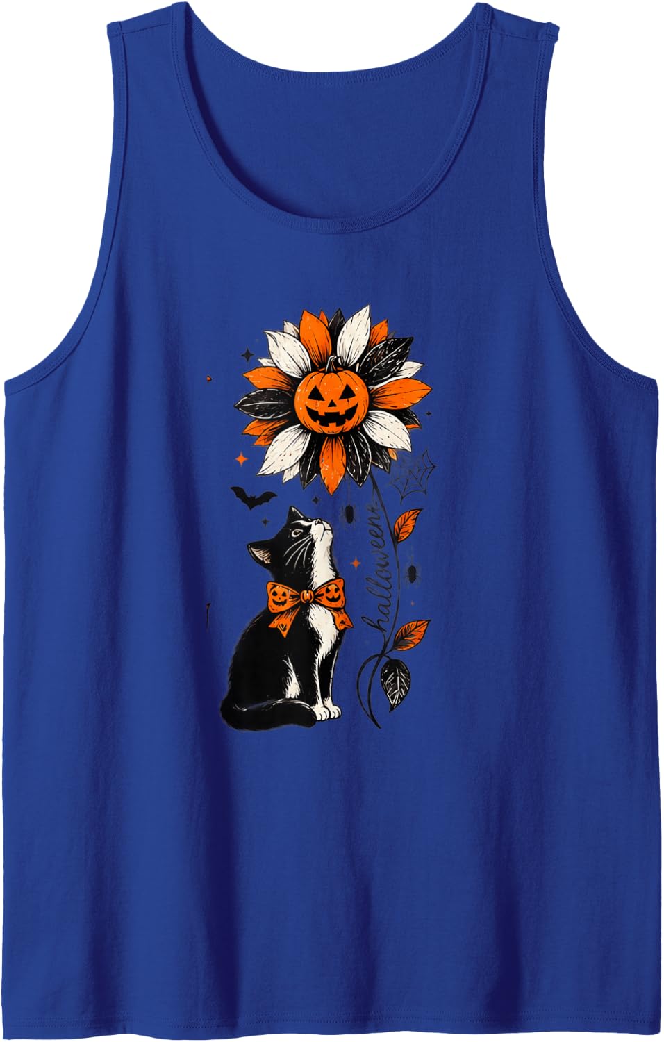 Halloween Tuxedo Cat Pumpkin Spider Floral Art Men Women Tank Top - Royal Blue