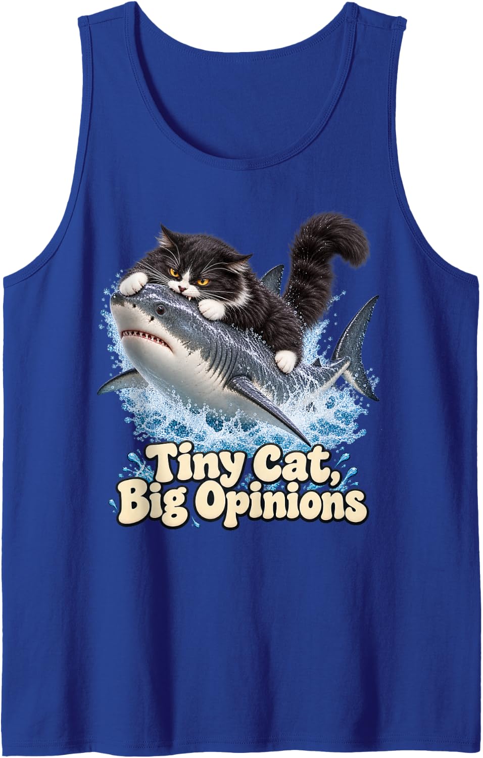 Tuxedo Cat Biting a Great White Shark Sleeveless Tank Top - Royal Blue