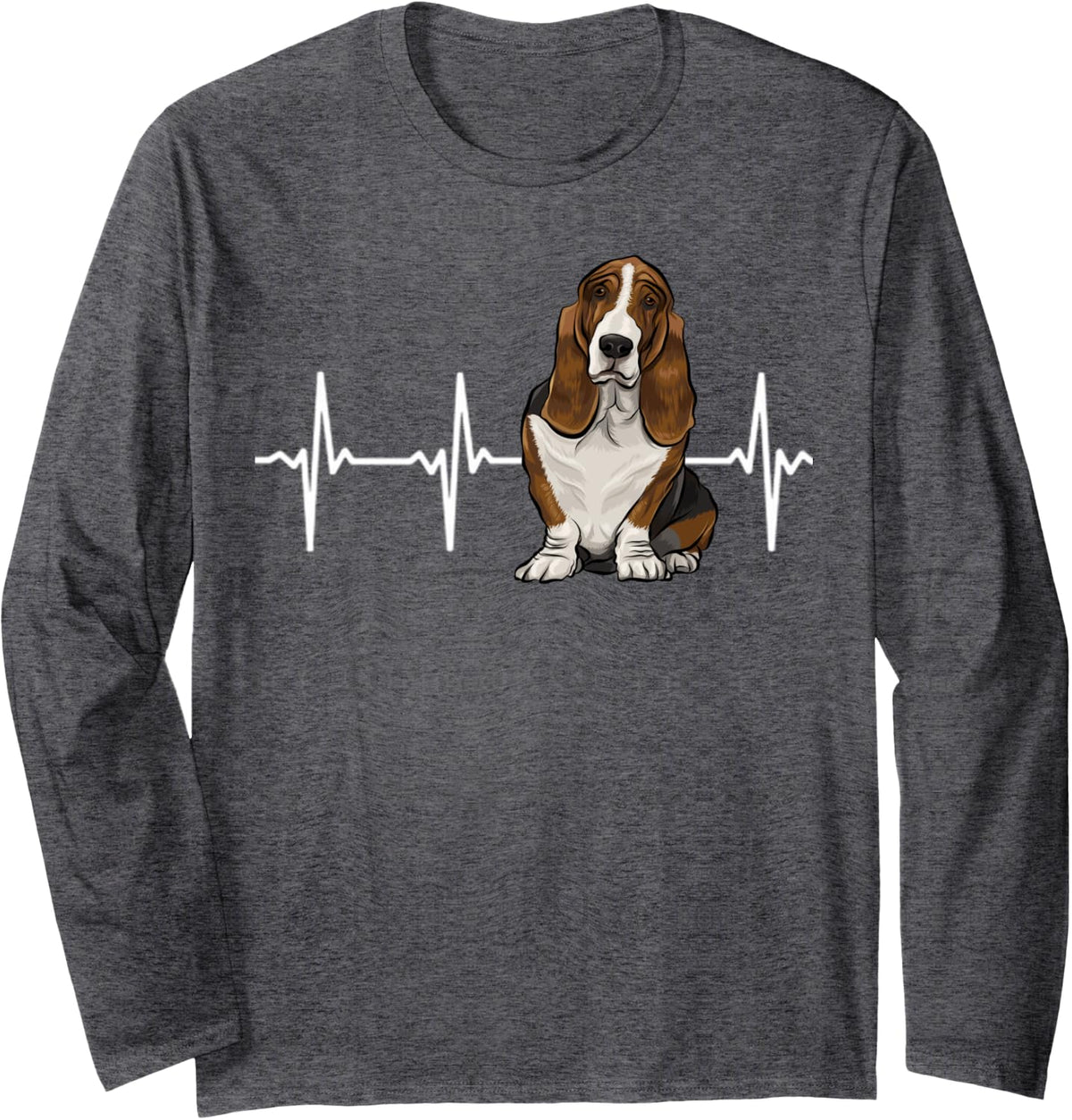 Basset Hound Heartbeat Dog Lover Long Sleeve T-Shirt - Adult Unisex Dark Heather Grey