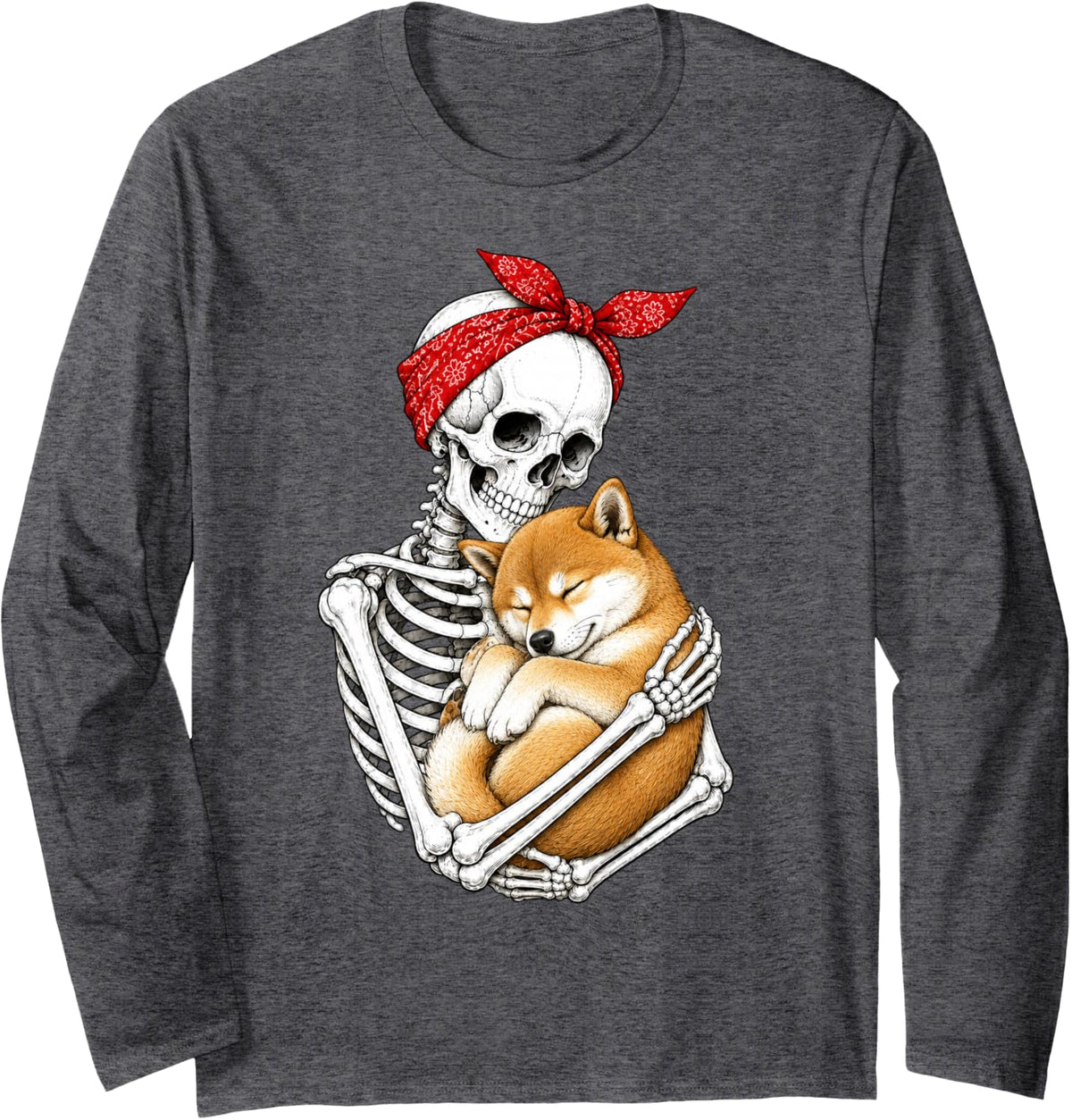 Skeleton Holding Shiba Inu Dog Funny Lazy Halloween Costume Long Sleeve T-Shirt - Adult Unisex Dark Heather Grey