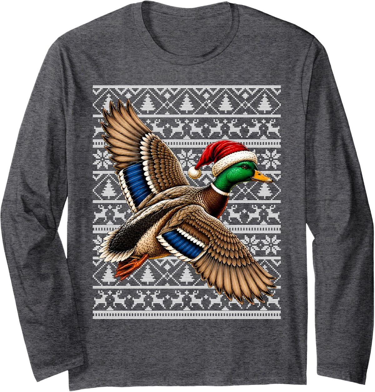 Mallard Duck Christmas Ugly Sweater Festive Hunting Xmas Long Sleeve T-Shirt - Adult Unisex Dark Heather Grey