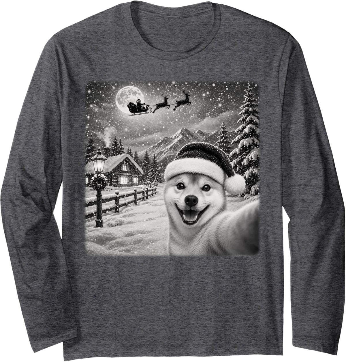 Xmas Moon Night Starry Santa Sleigh Shiba Inu Dog Christmas Long Sleeve T-Shirt - Adult Unisex Dark Heather Grey