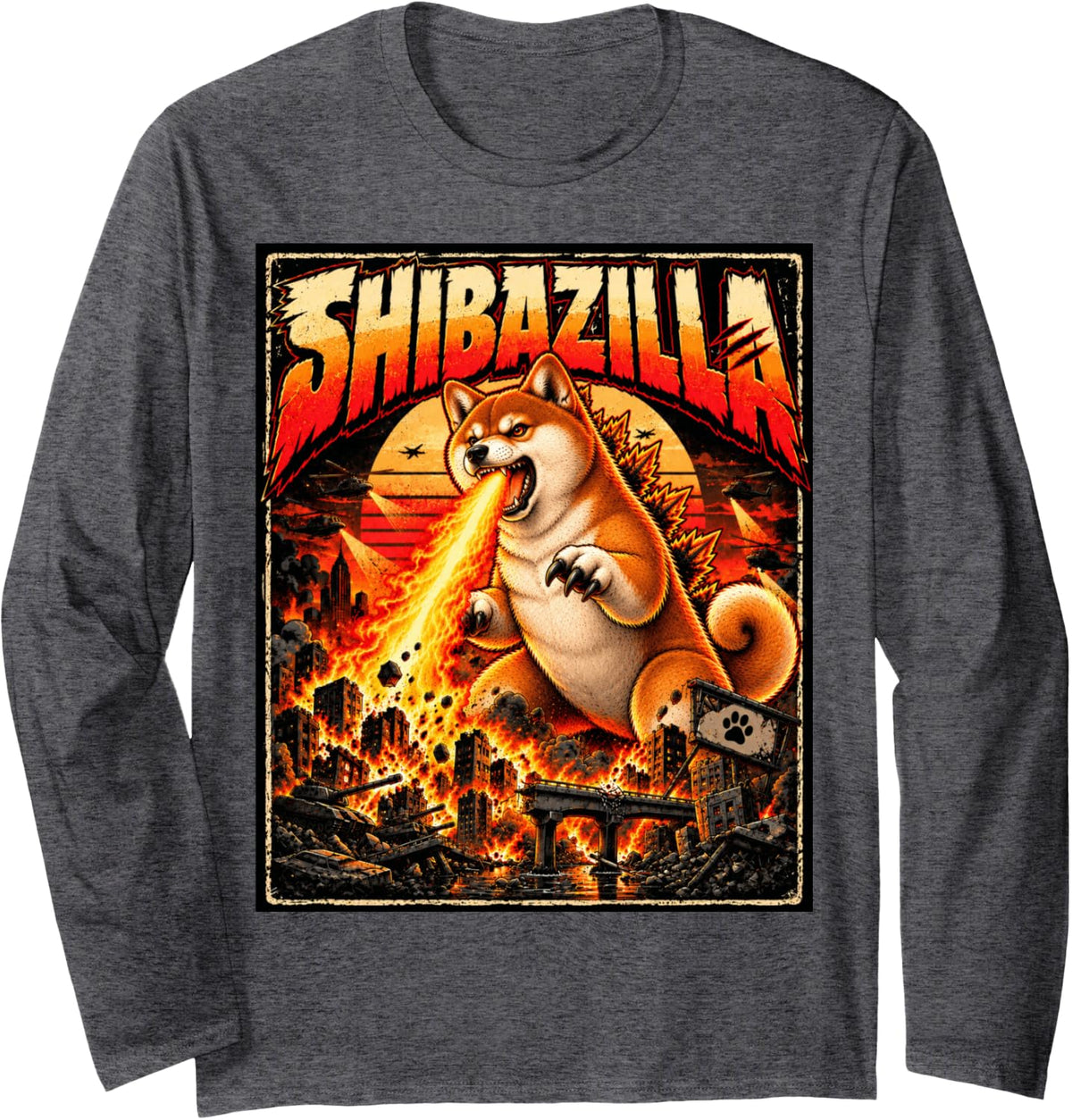 Shibazilla Giant Shiba Inu Dog Monster Funny Retro Parody Long Sleeve T-Shirt - Adult Unisex Dark Heather Grey