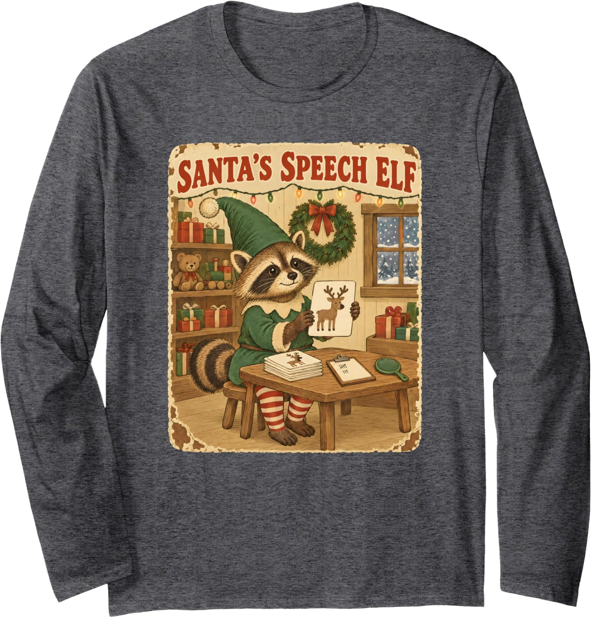 Santa's Speech Elf SLP Christmas Raccoon Long Sleeve T-Shirt - Adult Unisex Dark Heather Grey