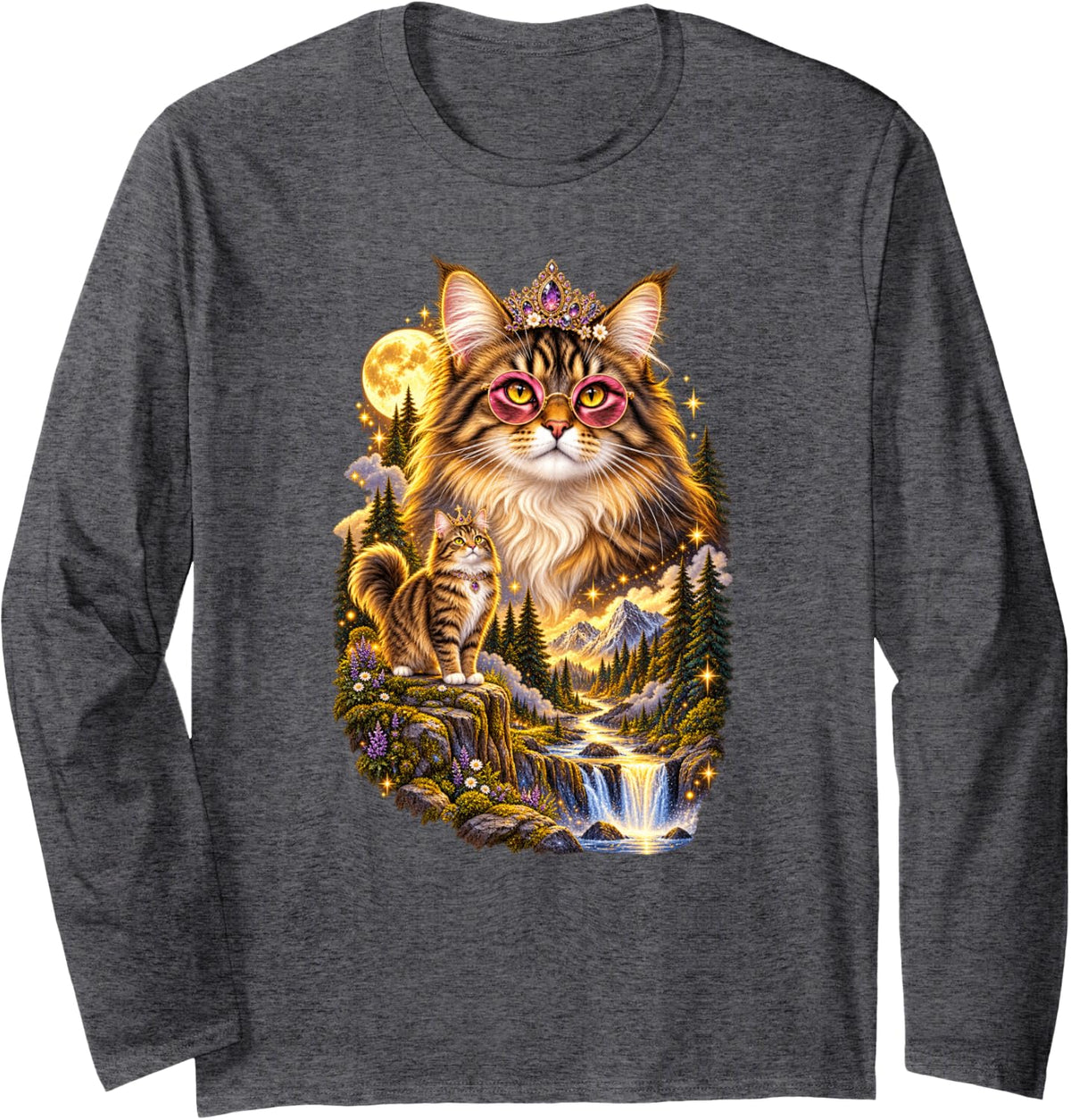 Fantasy Tabby Cat Queen Forest Moon Waterfall Long Sleeve T-Shirt - Adult Unisex Dark Heather Grey