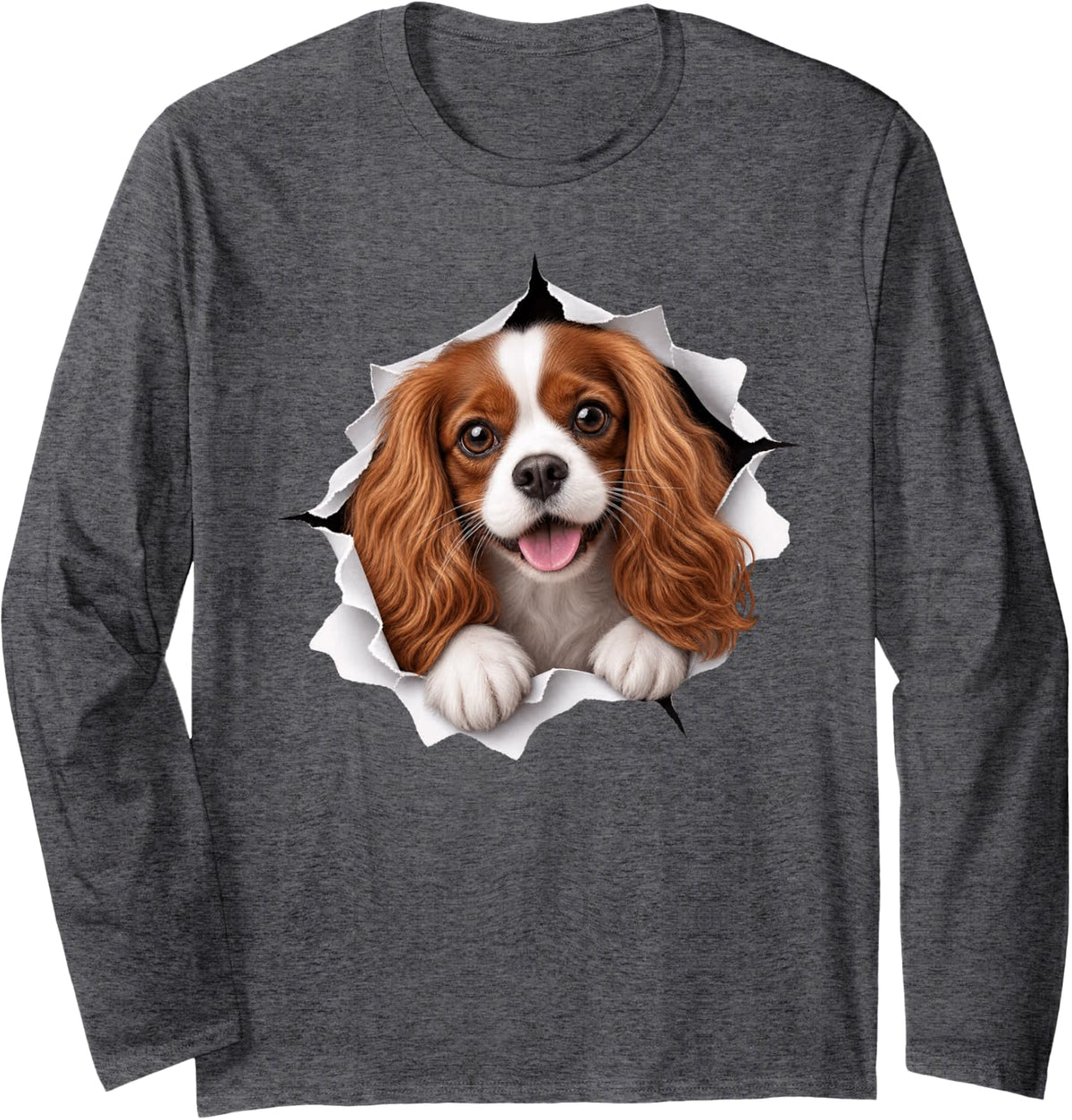 Funny Cavalier King Charles Spaniel Peeking Cute Dog Lover Long Sleeve T-Shirt - Adult Unisex Dark Heather Grey