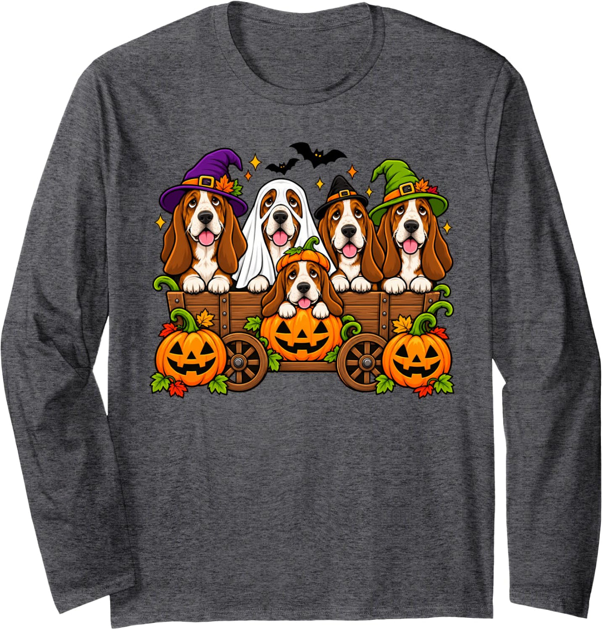 Halloween Basset Hound Dog Witch Fall Pumpkin Pet Owner Long Sleeve T-Shirt - Adult Unisex Dark Heather Grey