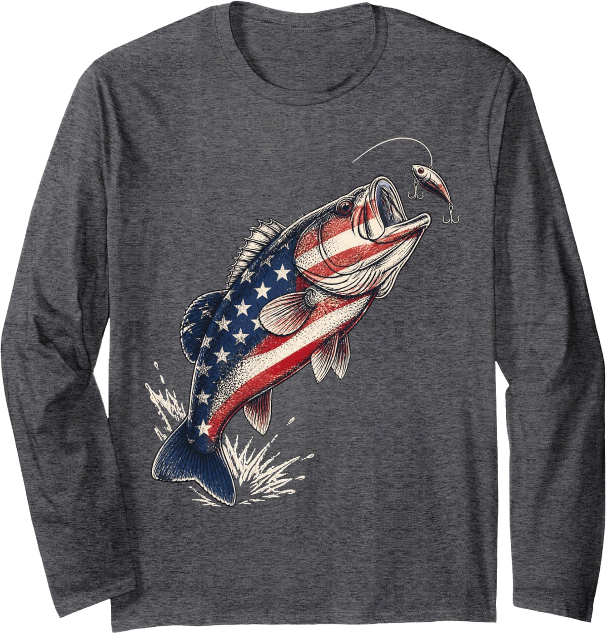 Bass Fishing American Largemouth Bass Angler Long Sleeve T-Shirt - Adult Unisex Dark Heather Grey